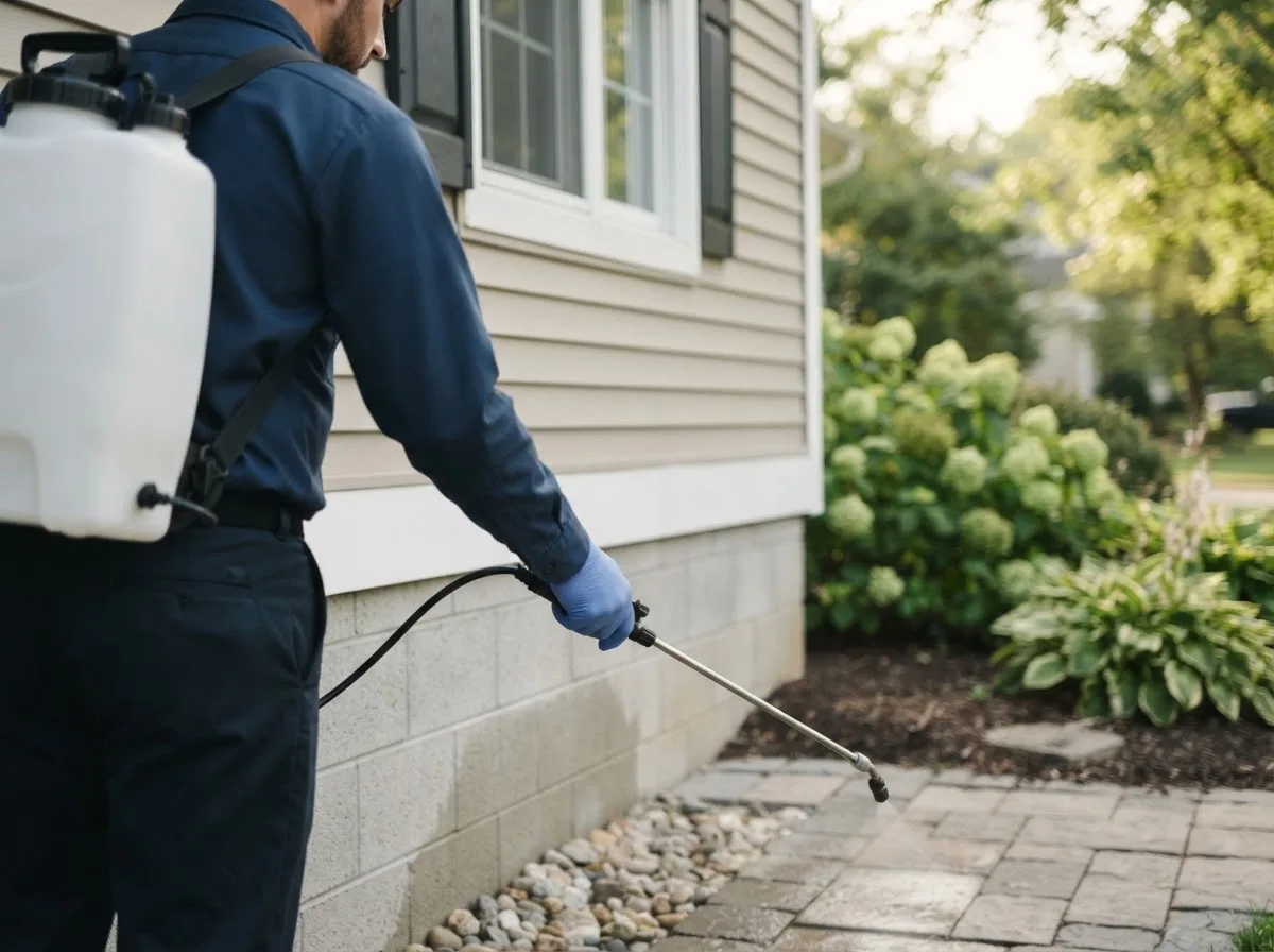Pest control technician inspecting a home in Marlborough, MA